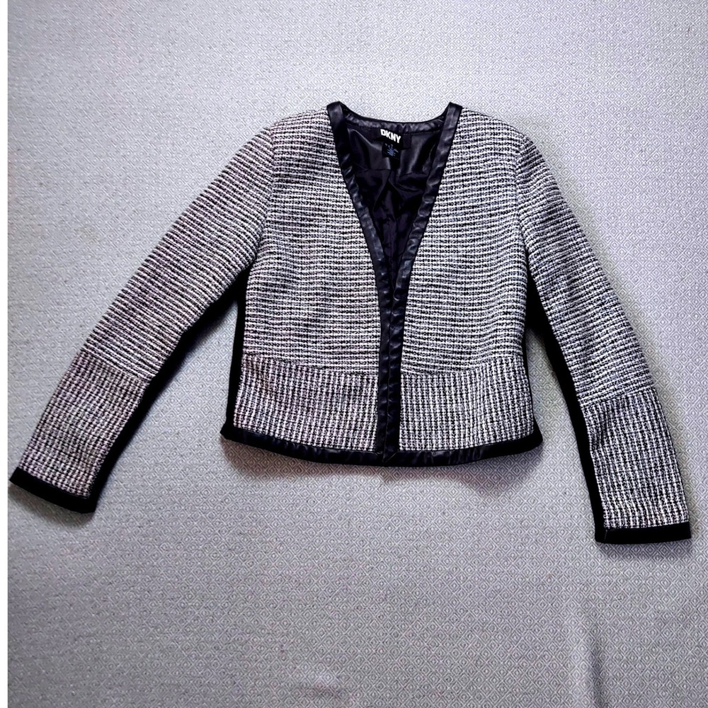 DKNY Blazer Womens 2 Black White Tweed Faux Leather Trim Open Front Mixed Media